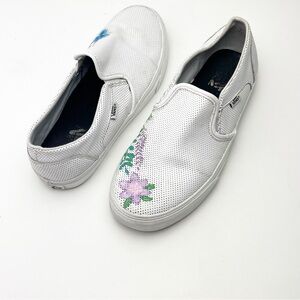 VANS White Perforated Leather Floral Custom Painted Slip On Shoes, Size 10